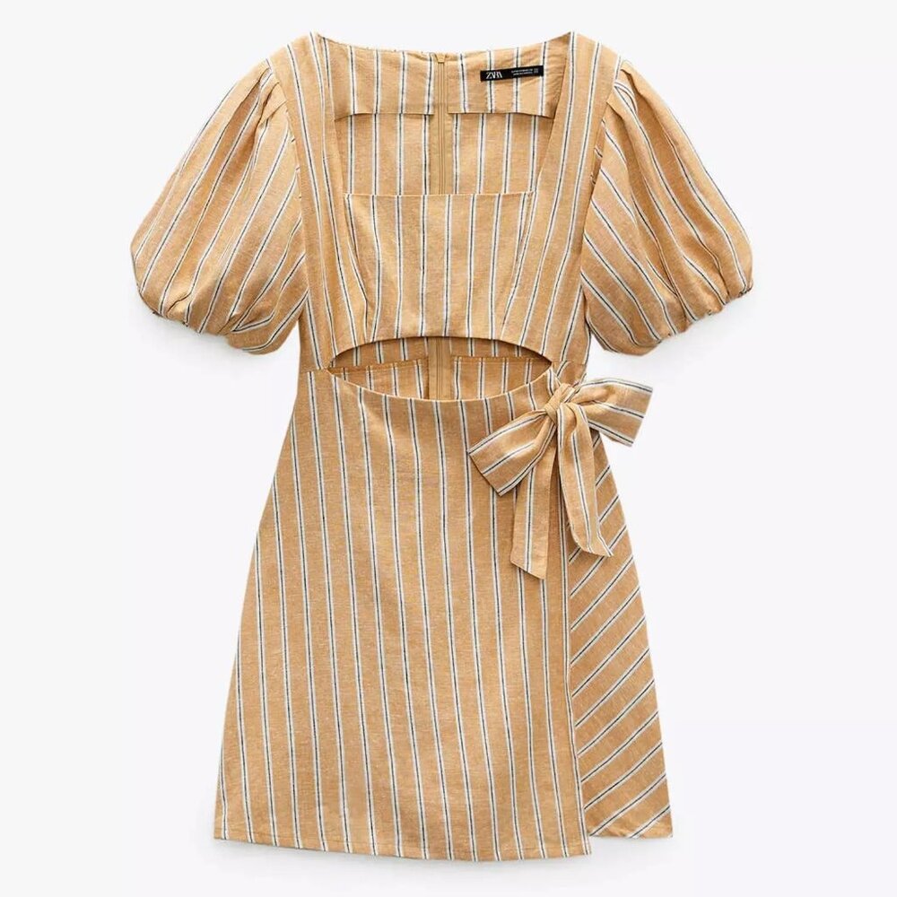 Zara Yellow Linen Blend Striped Mini Dress